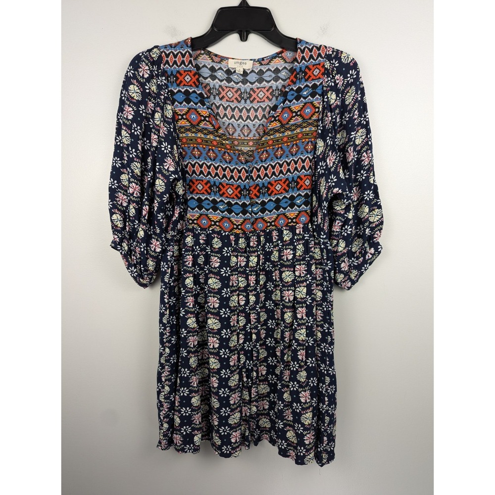Umgee Women's Aztec S Baby Doll Tunic Dress V Neck 3/4‎ Sleeve Floral Navy Blue